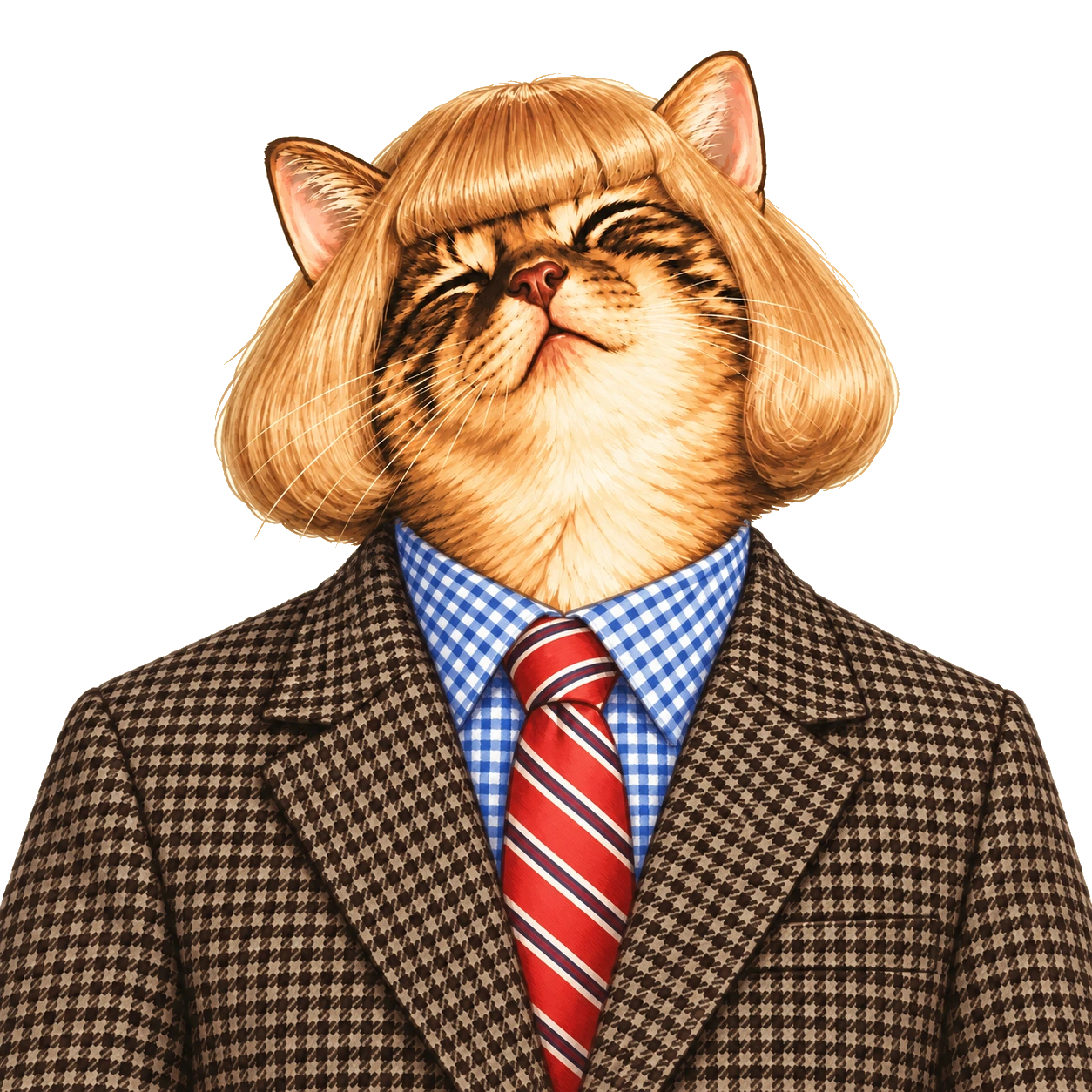 Catephil, an impeccably dressed tabby cat with a blonde bob, patterned suit and red silk tie